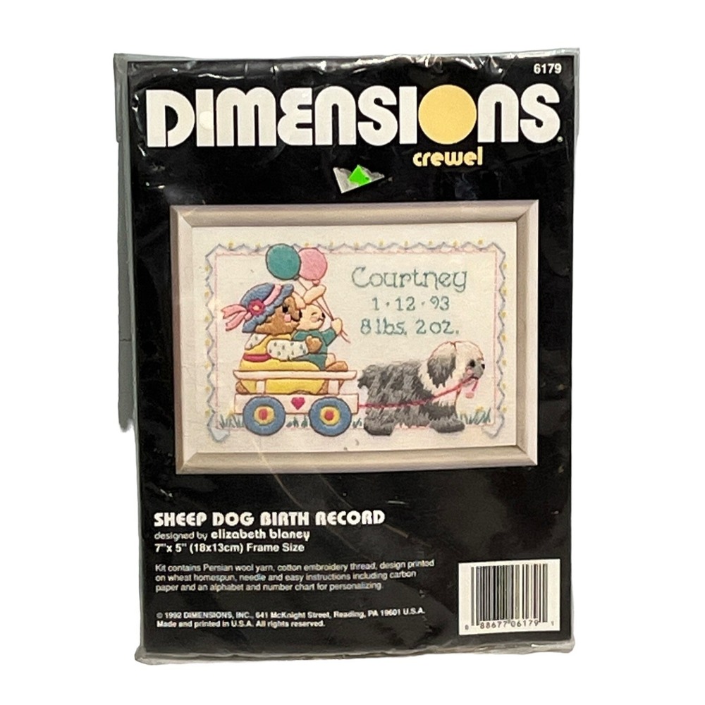 Vintage‎ Dimensions Crewel Sheep Dog Birth Record Kit 6179 Elizabeth Blaney 1992